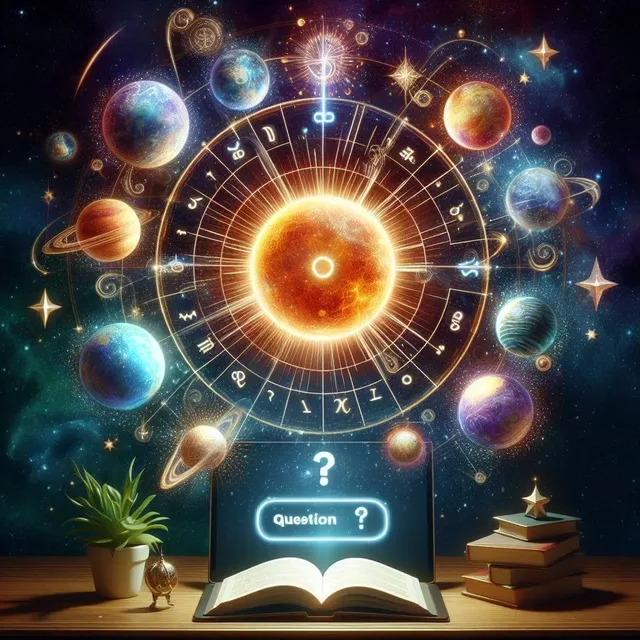 Отворена книга и светещ зодиакален кръг с въпросителен знак